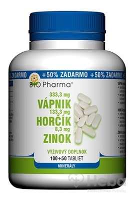 BIO Pharma Vápnik, Horčík, Zinok  150 tabliet (100+50 zadarmo)