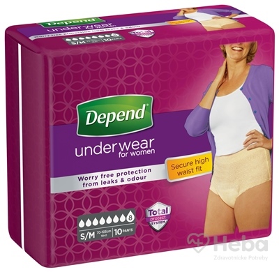 DEPEND SUPER S/M pre ženy  naťahovacie nohavičky, obvod bokov 70-105 cm, (2017) 1x10 ks