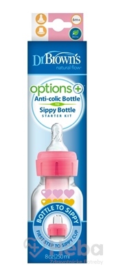 DR.BROWN'S Fľaša antikolik Options+ úzka 2v1 s náustkom 250 ml, ružová