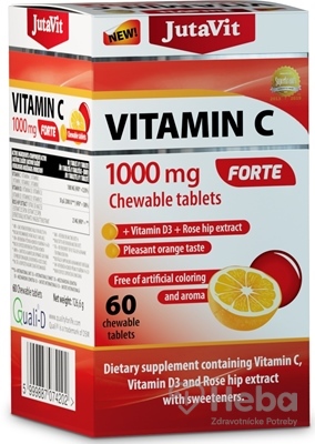 JutaVit Vitamín C 1000 mg FORTE  žuvacie tablety s vitamínom D3 a extraktom zo šípok, so sladidlami, s príchuťou pomaranča 1x60 ks