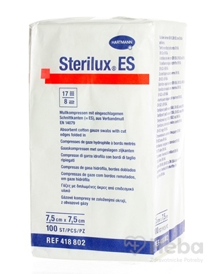 STERILUX ES kompres nesterilný  so založenými okrajmi 17 vlákien 8 vrstiev (7,5cmx7,5cm) 1x100 ks