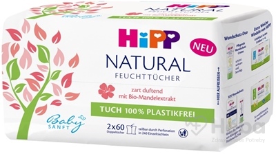 HiPP BabySANFT NATURAL vlhčené obrúsky  čistiace, s Bio-mandľovým extraktom, 2x60 ks