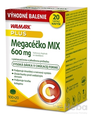 WALMARK Megacéčko Mix Vitamín C 600 mg  120 cmúľacích tabliet pomaranč a jahoda (100+20 zadarmo)