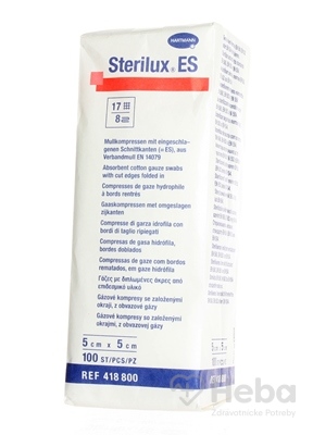 STERILUX ES kompres nesterilný  so založenými okrajmi 17 vlákien 8 vrstiev (5cmx5cm) 1x100 ks