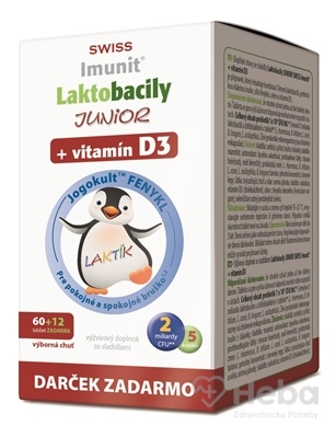 Swiss Imunit Laktobacily Junior + vitamín D3  72 tabliet (60+12 zadarmo)