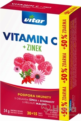 Vitar Vitamín C + Zinok + echinacea a šípky  45 rozpustných tabliet malina (30+15 zadarmo)
