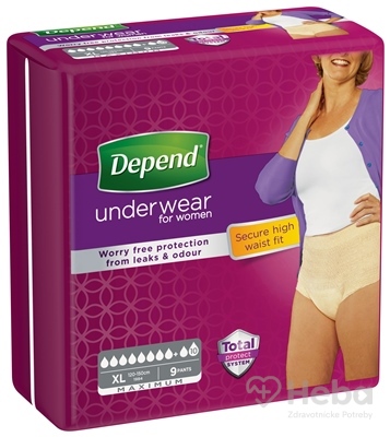 DEPEND MAXIMUM XL pre ženy  naťahovacie nohavičky, obvod bokov 120-150 cm, priedušné, 1x9 ks
