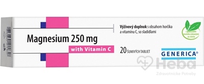 GENERICA Magnesium 250 mg + vitamín C  20 šumivých tabliet