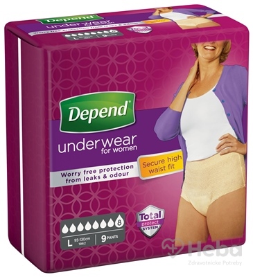 DEPEND SUPER L pre ženy  naťahovacie nohavičky, obvod bokov 95-130 cm, (2017) 1x9 ks