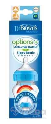 DR.BROWN'S Fľaša antikolik Options+ široké hrdlo 2v1 s náustkom 270 ml plast, modrá