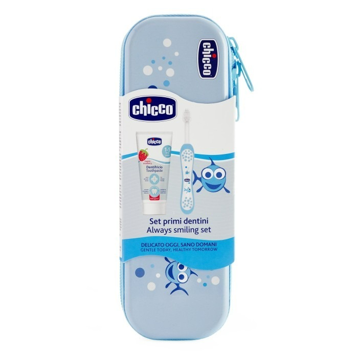 Chicco Set zubná kefka s púzdrom + pasta, od 12 m, modrá
