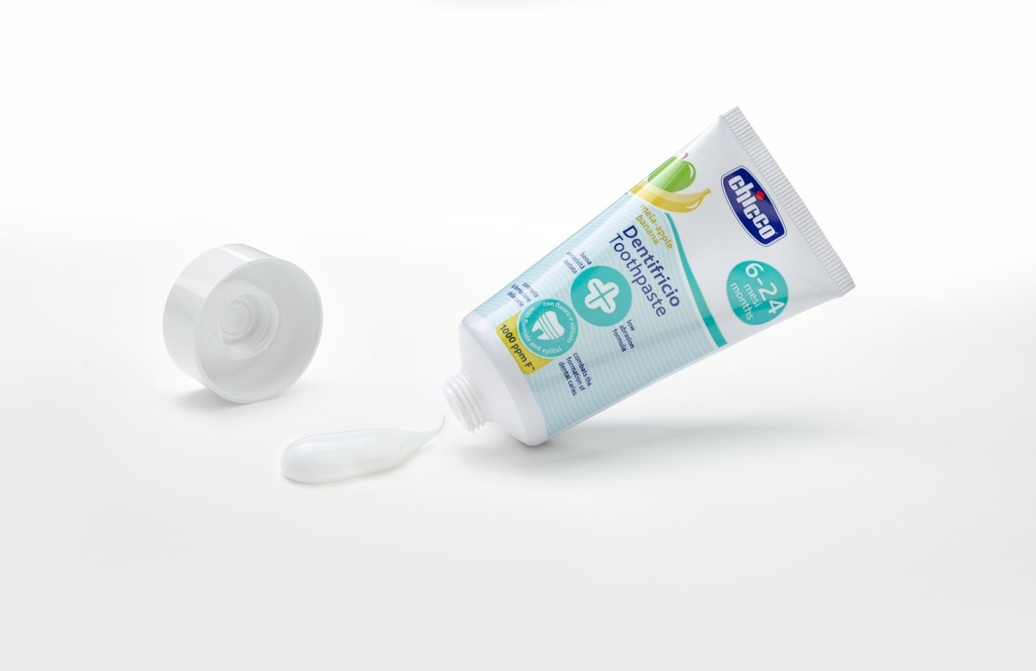 Chicco Zubná pasta s fluorom s príchuťou banán, jablko, 6m+