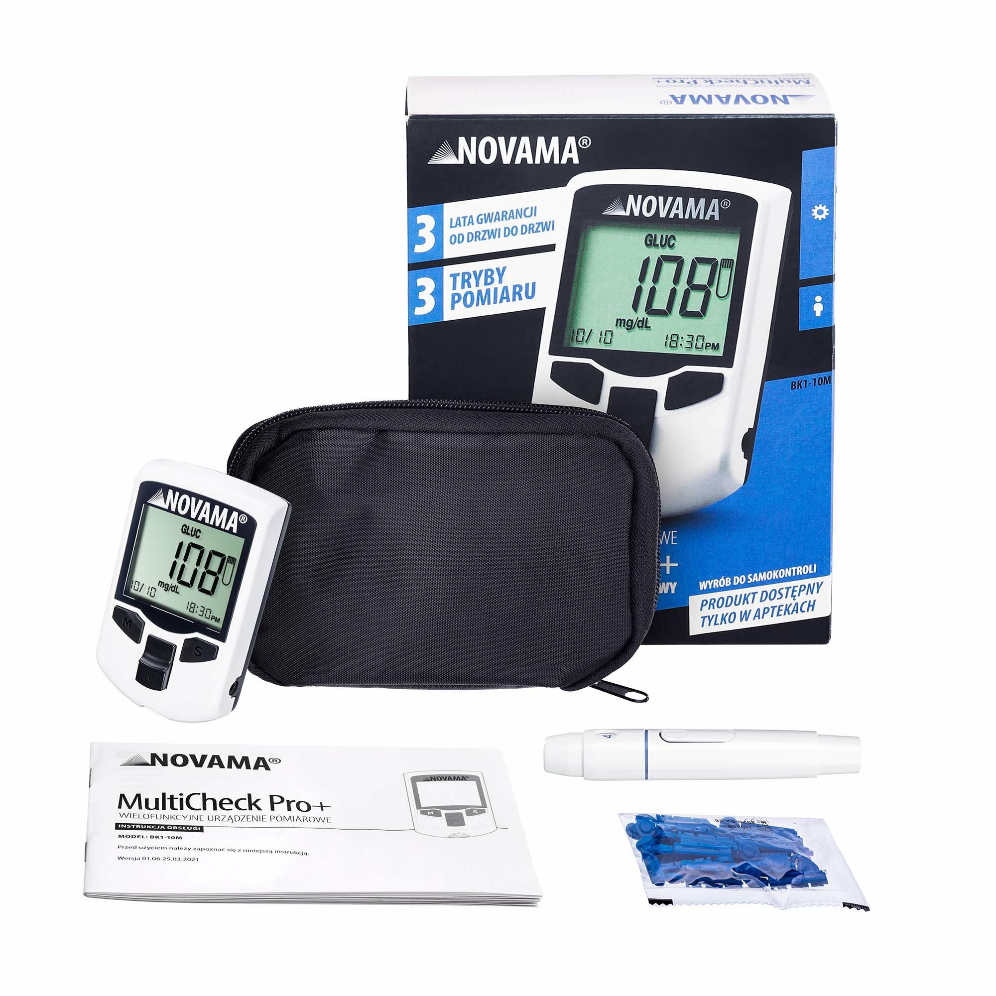 NOVAMA MULTICHECK PRO +, Prístroj 3 v 1 na meranie cholesterolu, glukózy, kyseliny močovej