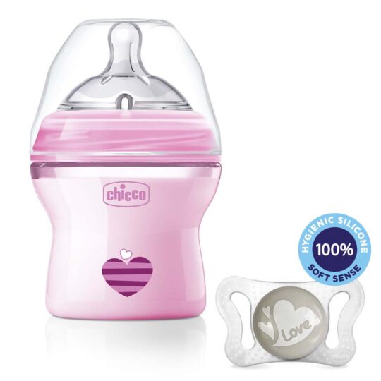 CHICCO Fľaša dojčenská Natural Feeling 150 ml, dievča 0m + vzorka Cumlík Physio Micro 0-2m
