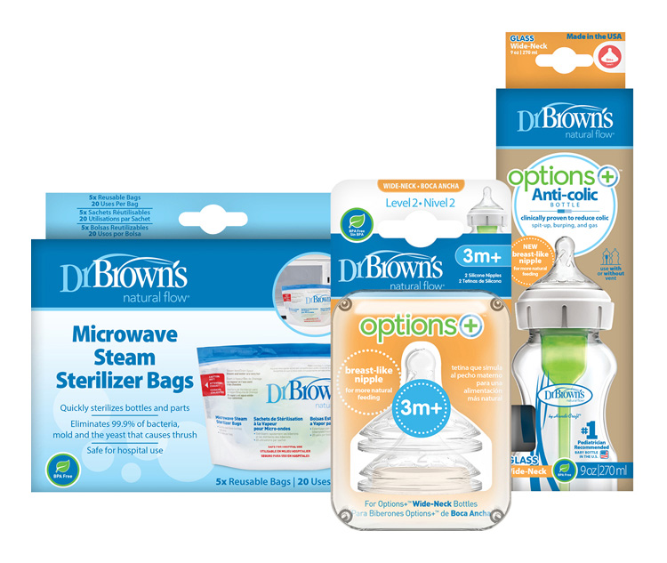 DR.BROWN’S Fľaša dojčenská sklo 270ml+Cumlíky na fľašu level-2 2ks+Vrecká na sterilizáciu fliaš 5ks