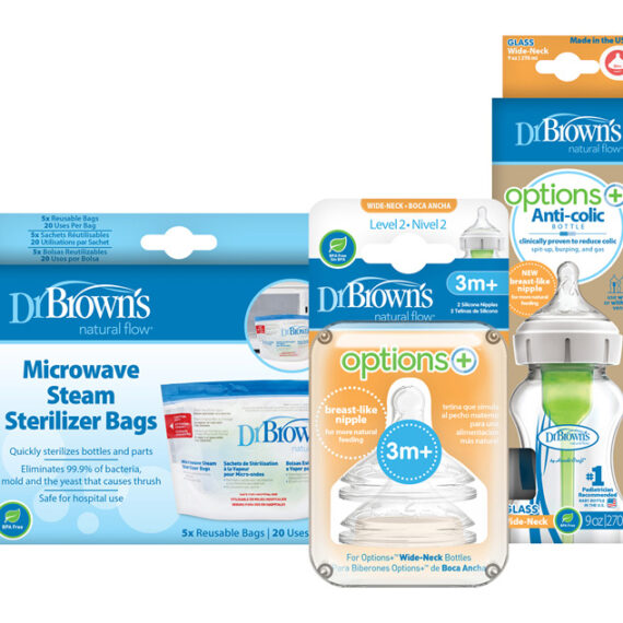 DR.BROWN’S Fľaša dojčenská sklo 270ml+Cumlíky na fľašu level-2 2ks+Vrecká na sterilizáciu fliaš 5ks