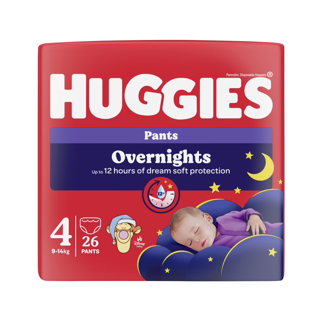 HUGGIES® Nohavičky plienkové nočné Overnights Pants vel. 4 (9-14 kg), 26 ks
