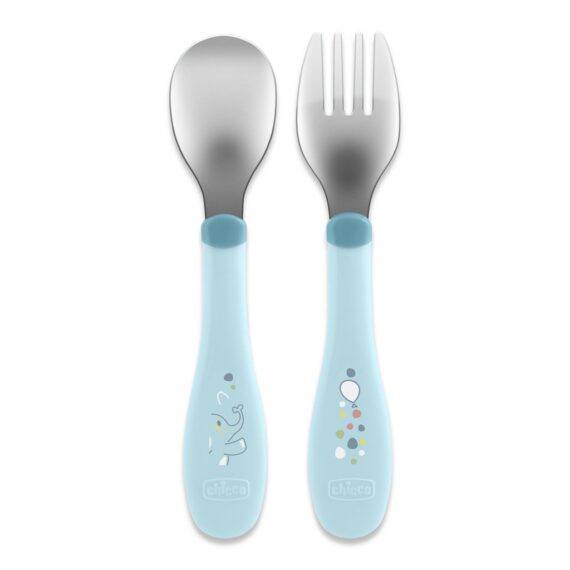 CHICCO Lyžička a vidlička nerez - teal, 18m+