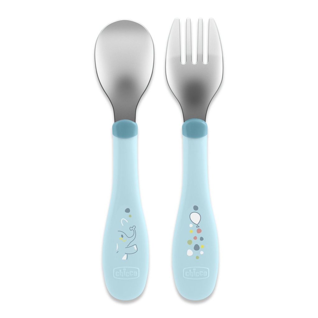 CHICCO Lyžička a vidlička nerez - teal, 18m+