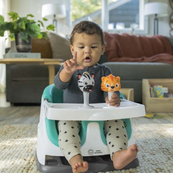 BABY EINSTEIN Podsedák na stoličku s 2 hračkami 2v1 Dine&Discover 6m+ do 23 kg