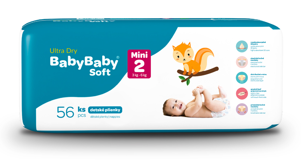 BABYBABY SOFT Plienky jednorazové Ultra-Dry Mini (3-6 kg) 56 ks