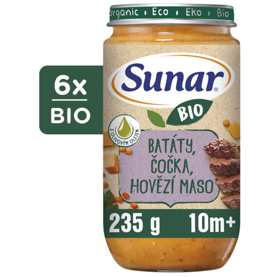 SUNAR BIO Príkrm batáty, červená šošovica, hovädzie mäso 10m+, 6x235g