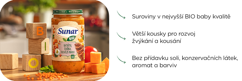 SUNAR BIO Príkrm batáty, červená šošovica, hovädzie mäso 10m+, 6x235g