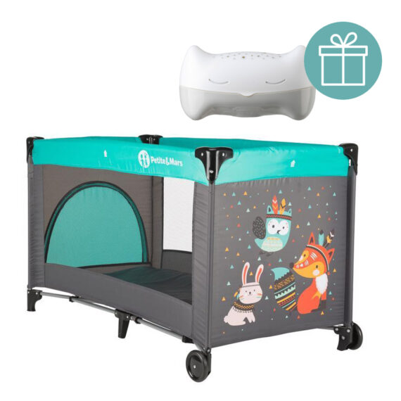 PETITE&MARS Postieľka cestovná Koot – Fox Aqua + Prenosný projektor 3v1 Hooty 0m+