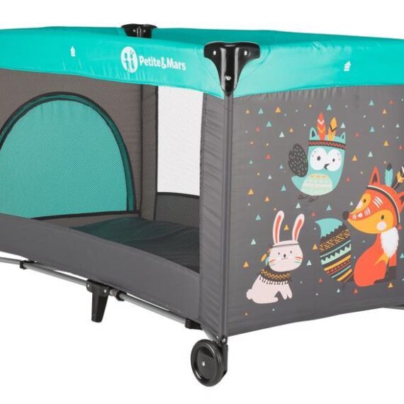 PETITE&MARS Postieľka cestovná Koot – Fox Aqua + Prenosný projektor 3v1 Hooty 0m+