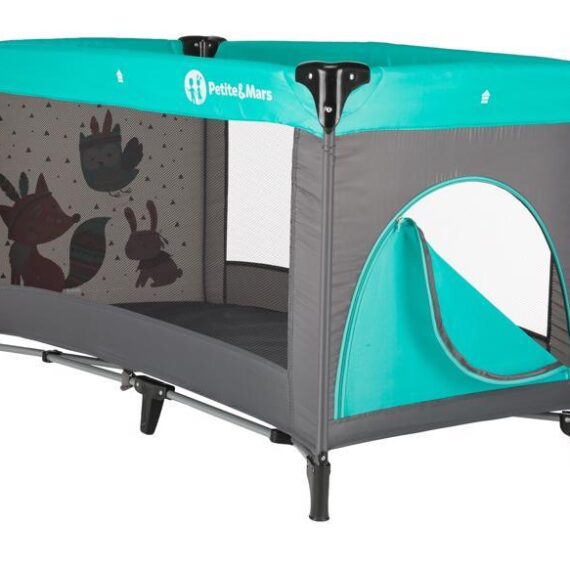 PETITE&MARS Postieľka cestovná Koot – Fox Aqua + Prenosný projektor 3v1 Hooty 0m+