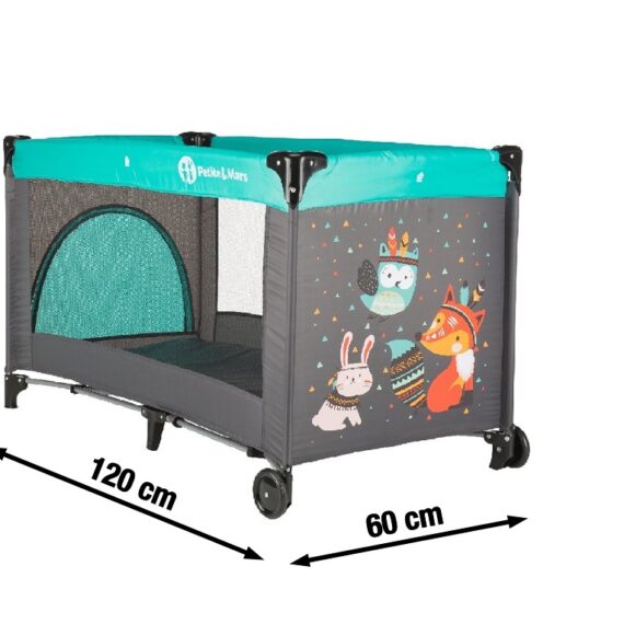 PETITE&MARS Postieľka cestovná Koot – Fox Aqua + Prenosný projektor 3v1 Hooty 0m+