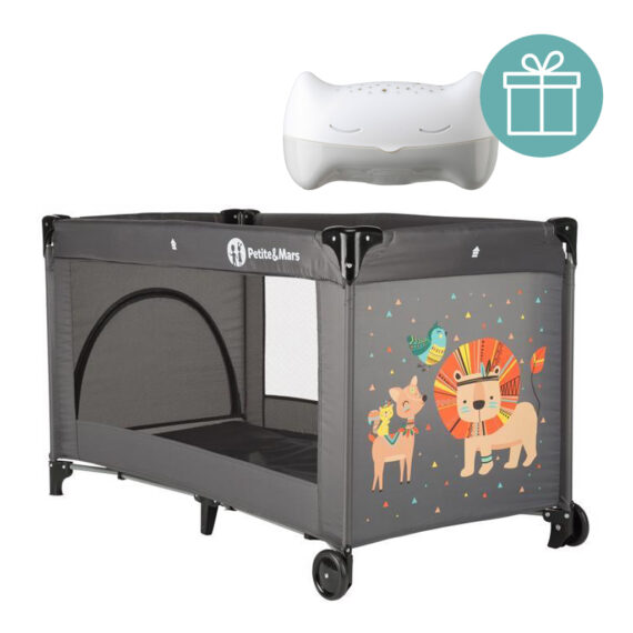 PETITE&MARS Postieľka cestovná Koot – Lion Grey + Prenosný projektor 3v1 Hooty 0m+