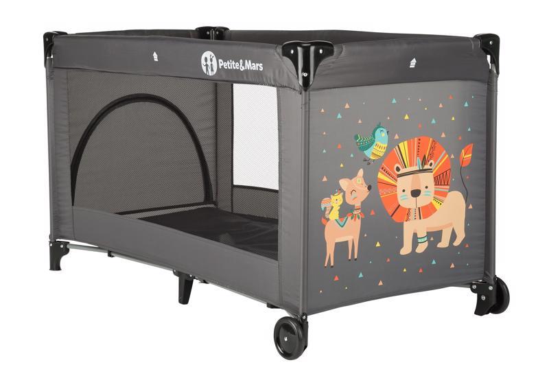 PETITE&MARS Postieľka cestovná Koot – Lion Grey + Prenosný projektor 3v1 Hooty 0m+