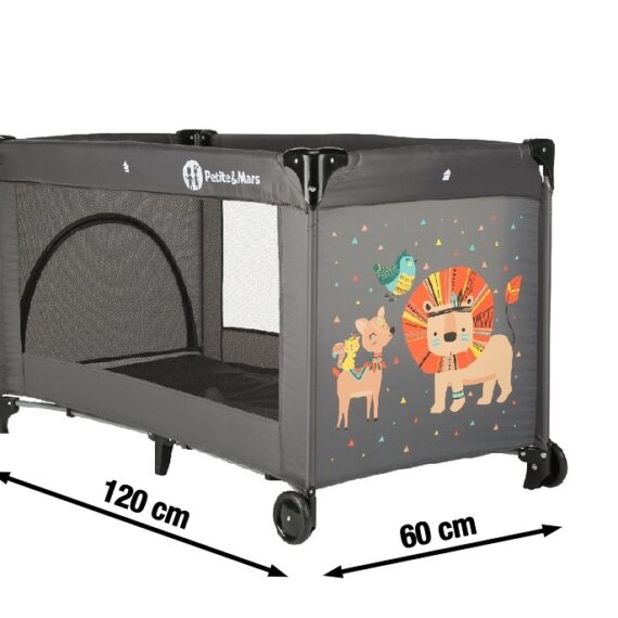 PETITE&MARS Postieľka cestovná Koot – Lion Grey + Prenosný projektor 3v1 Hooty 0m+