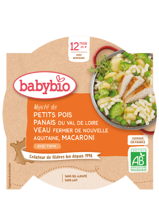 BABYBIO Hrášok s paštrnákom, teľacím mäsom a makaróny (230 g)