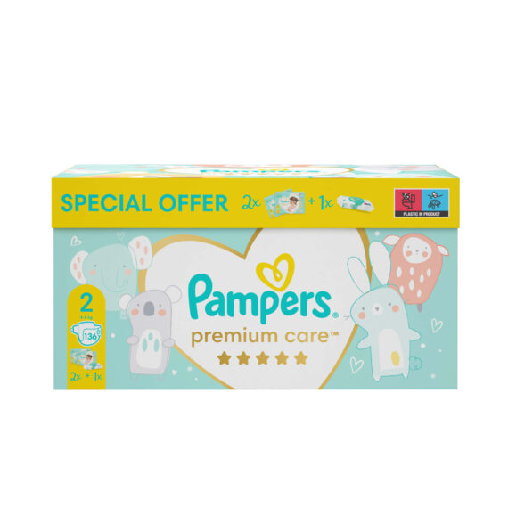 PAMPERS Balenie darčekové – Jednorázové plienky Premium Care 2 (4-8 kg), 136 ks + obrúsky ZDARMA