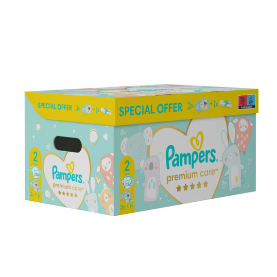PAMPERS Balenie darčekové – Jednorázové plienky Premium Care 2 (4-8 kg), 136 ks + obrúsky ZDARMA
