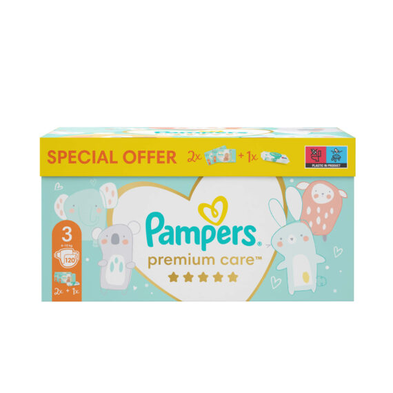PAMPERS Balenie darčekové – Jednorázové plienky Premium Care 3 (6-10 kg), 120 ks + obrúsky ZDARMA