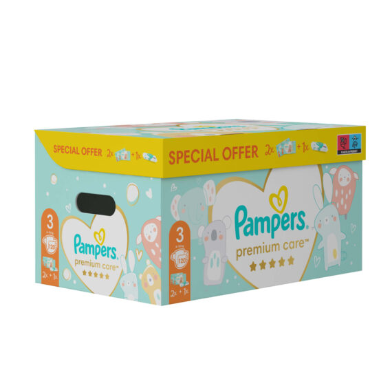 PAMPERS Balenie darčekové – Jednorázové plienky Premium Care 3 (6-10 kg), 120 ks + obrúsky ZDARMA
