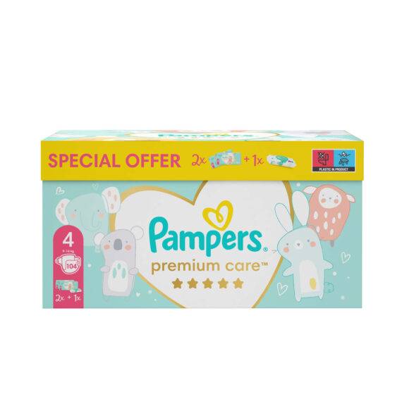 PAMPERS Balenie darčekové – Jednorázové plienky Premium Care 4 (9-14 kg), 104 ks + obrúsky ZDARMA