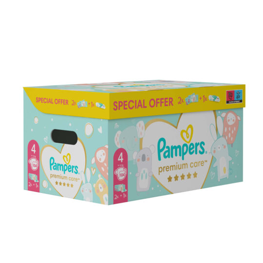 PAMPERS Balenie darčekové – Jednorázové plienky Premium Care 4 (9-14 kg), 104 ks + obrúsky ZDARMA