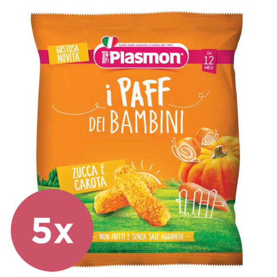 5x PLASMON Chrumky zeleninové bezlepkové na cesty Paff mrkva a tekvica 15 g, 12m+