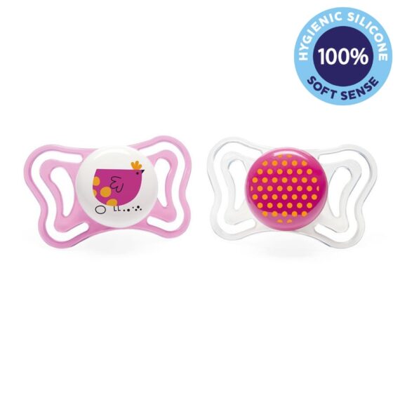 CHICCO Cumlík Physio Light silikónový 16-36m dievča – vtáčik/bodky 2 ks