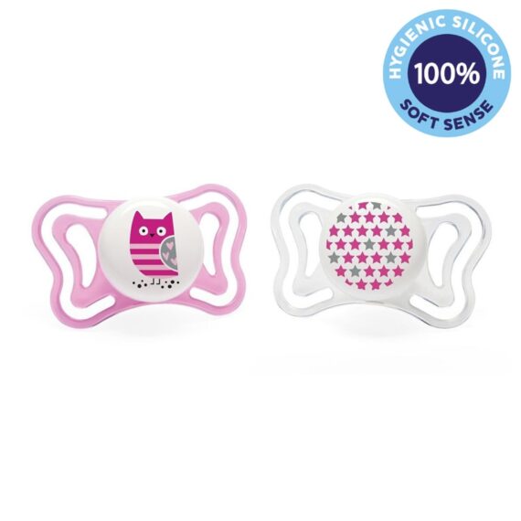 CHICCO Cumlík Physio Light silikónový 6-16m dievča – sova/hviezdy 2 ks