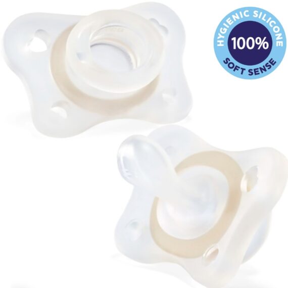 CHICCO Cumlík Physio Mini Soft celosilikónový nočný 2-6m neutral 2 ks
