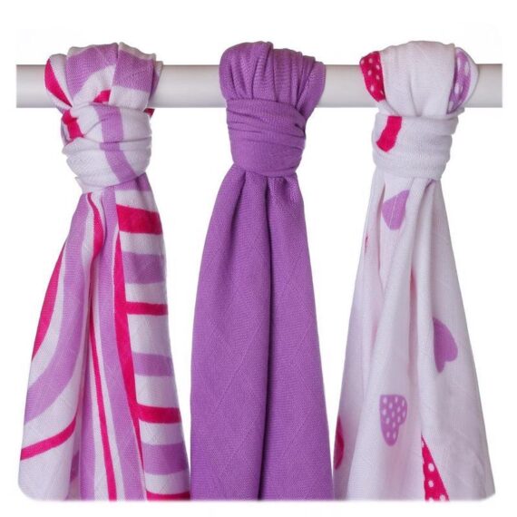 KIKKO Plienky bambusové Hearts&Waves 70×70 cm, lilac 3 ks