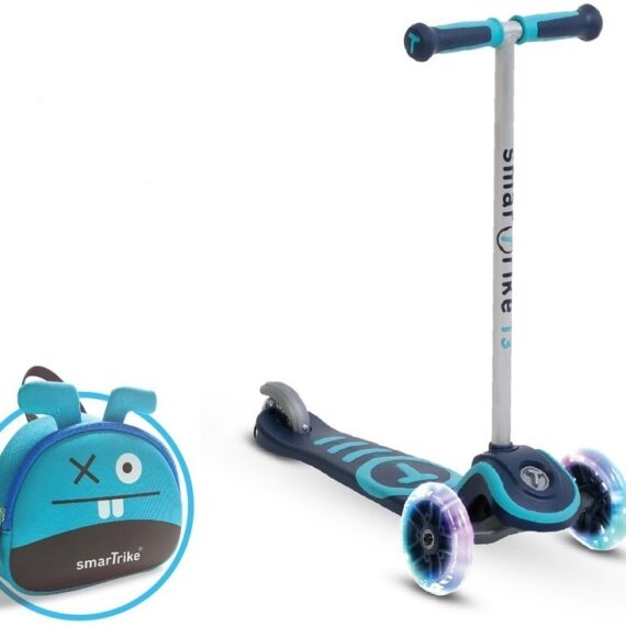 Smart Trike Scooter T3, Kolobežka so svietiacimi kolesami a ruksakom, modrá, od 2r+