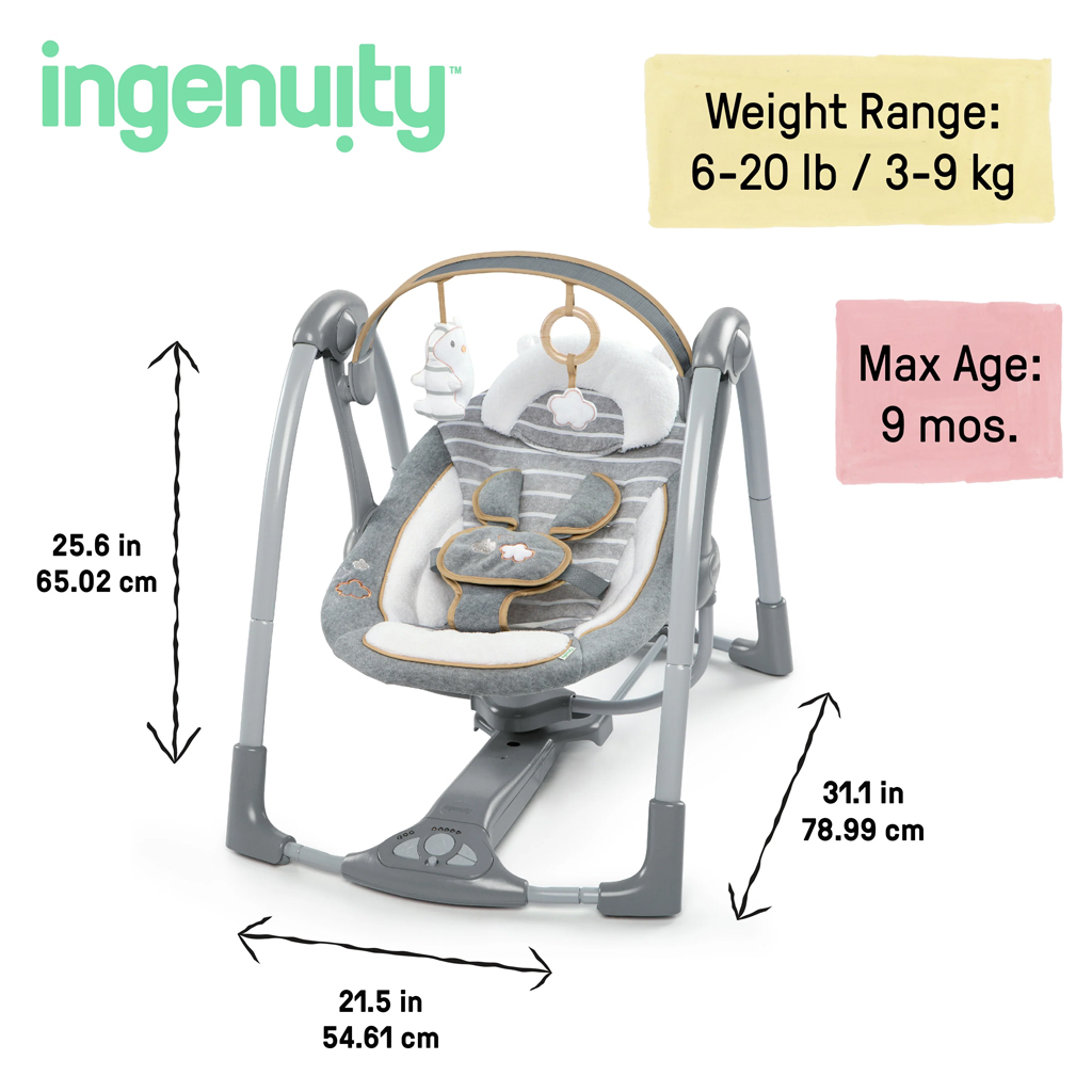 INGENUITY Hojdačka konvertibilná cestovná s melódiou Bella Teddy™ 0m+ do 9kg