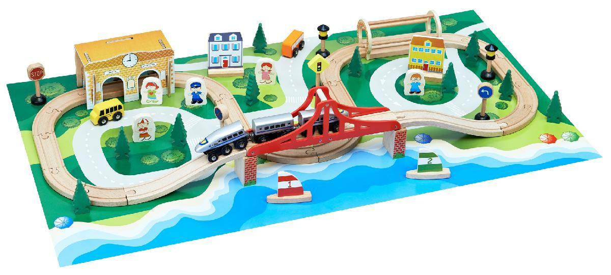 Drevené kocky s hracou podložkou Mesto, 65 ks kociek, podložka 105x60cm