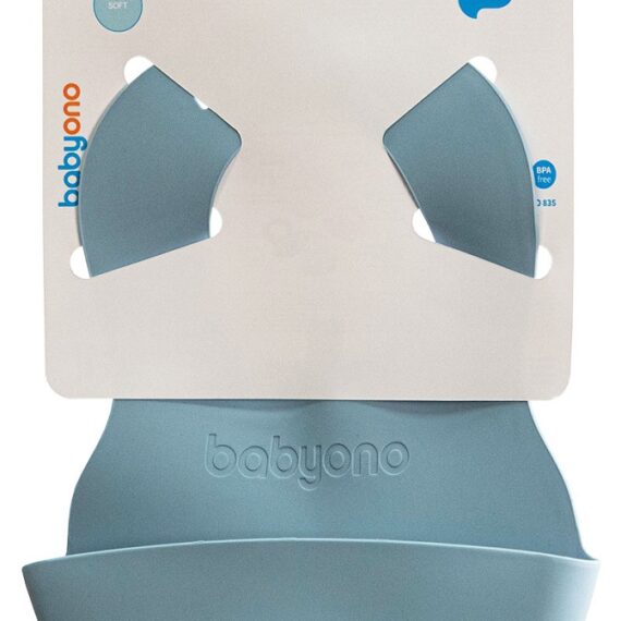 BABYONO Podbradník mäkký plastový s vreckom bez BPA blue 6m+